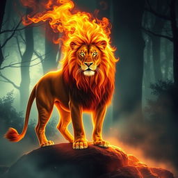 A powerful lion with a mesmerizing mane of fire standing majestically at the edge of a misty, enchanted forest