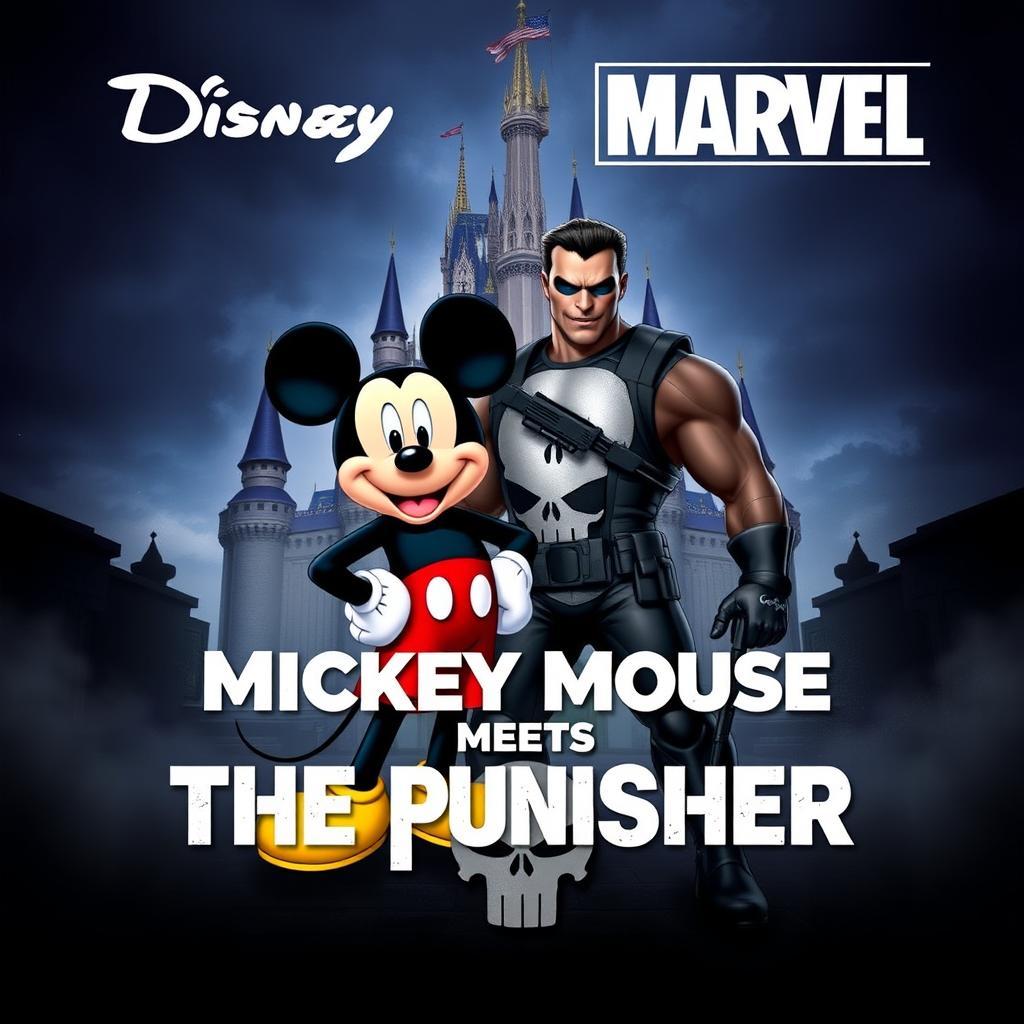 A dynamic and eye-catching movie poster that combines the whimsical world of Disney with the dark, gritty atmosphere of Marvel