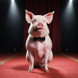 A charismatic pig, dressed elegantly and standing under a spotlight on a red carpet, capturing the essence of fame and popularity