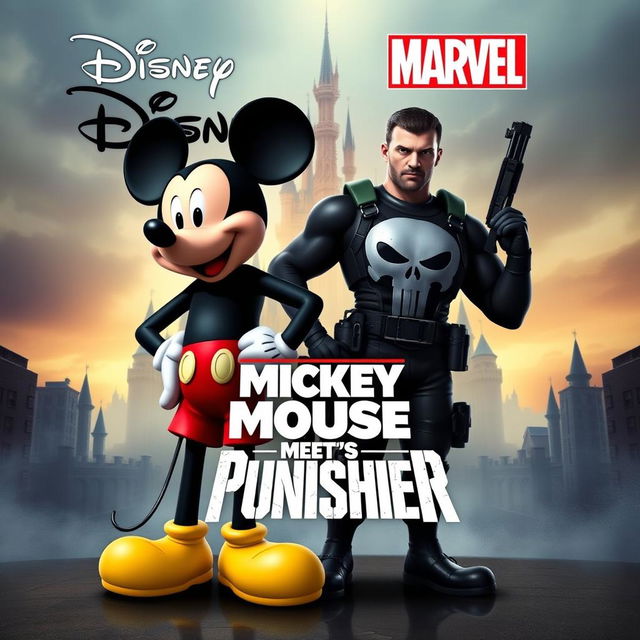 A dynamic and eye-catching movie poster that combines the whimsical world of Disney with the dark, gritty atmosphere of Marvel