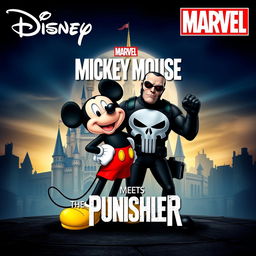 A dynamic and eye-catching movie poster that combines the whimsical world of Disney with the dark, gritty atmosphere of Marvel