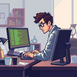 Create a pixel art illustration of a person programming on a computer