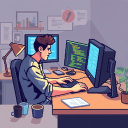 Create a pixel art illustration of a person programming on a computer