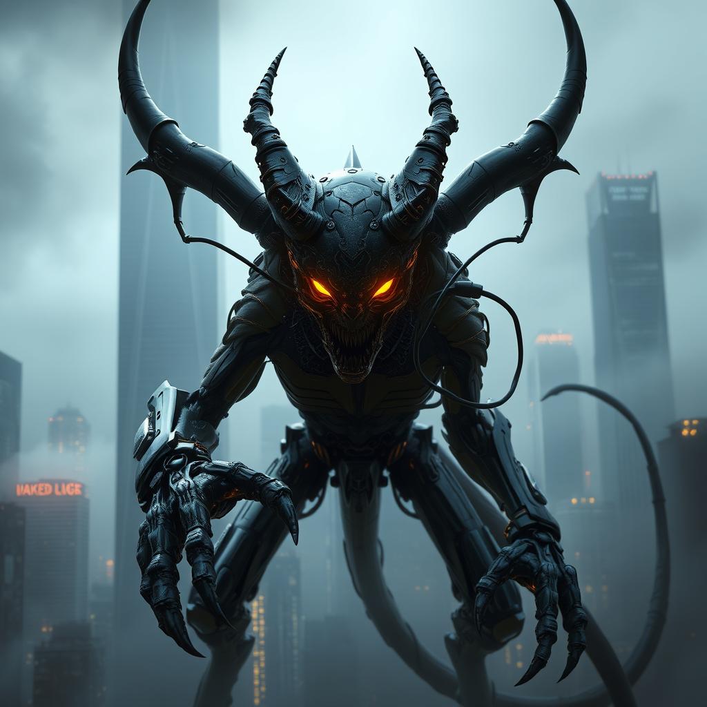 A sinister cyborg-demon emerging from the shadows of a futuristic city