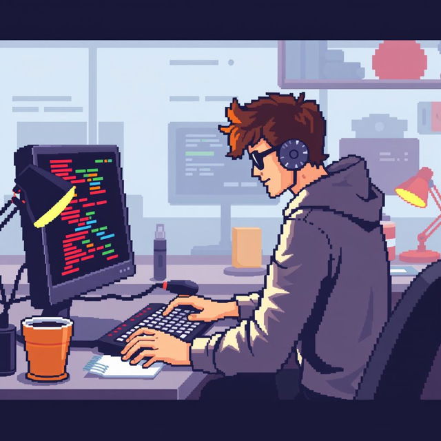 Create a pixel art illustration of a person programming on a computer