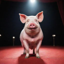 A charismatic pig, dressed elegantly and standing under a spotlight on a red carpet, capturing the essence of fame and popularity