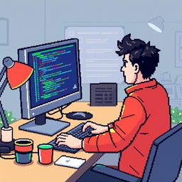 Create a pixel art illustration of a person programming on a computer