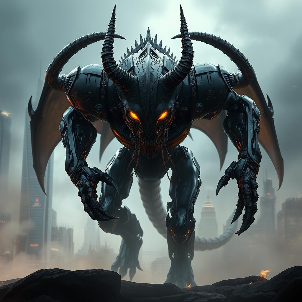 A sinister cyborg-demon emerging from the shadows of a futuristic city