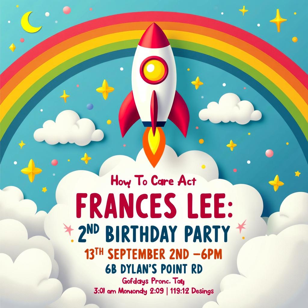 A book cover design for a colorful birthday invitation to Frances Lee's 2nd birthday party on 13th September from 2-6pm at 66B Dylan’s Point Rd