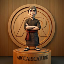 A realistic 2D Disney Pixar art style illustration of an Indonesian man with a clean face, no beard or mustache, wearing a blangkon on his head