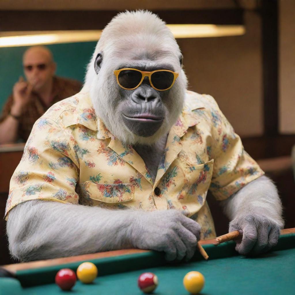 An albino gorilla, styled with a colorful button-up shirt open halfway, a cigar nonchalantly hanging from its mouth, and sporting yellow-tinted sunglasses, focusing on a game of pool.