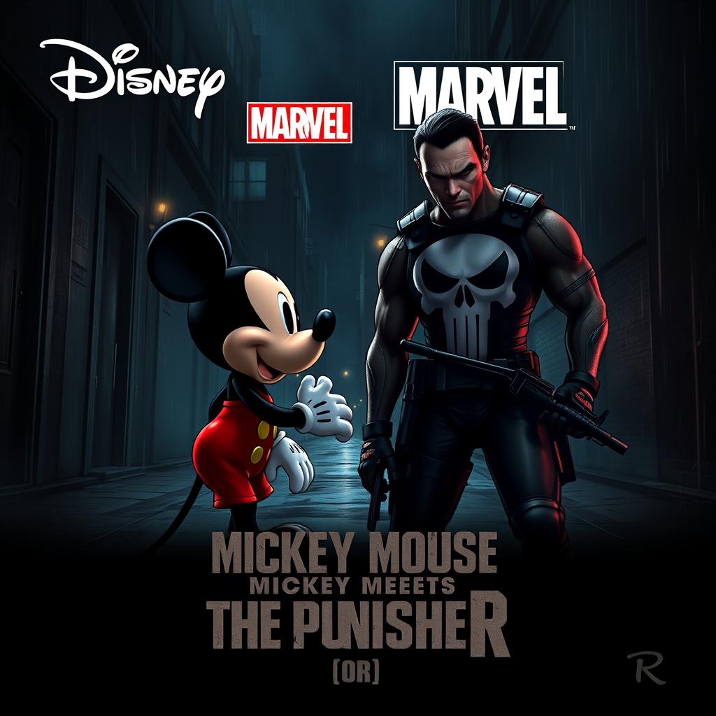 A dramatic and intense movie poster illustrating Mickey Mouse and The Punisher as adversaries about to clash