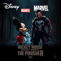 A dramatic and intense movie poster illustrating Mickey Mouse and The Punisher as adversaries about to clash