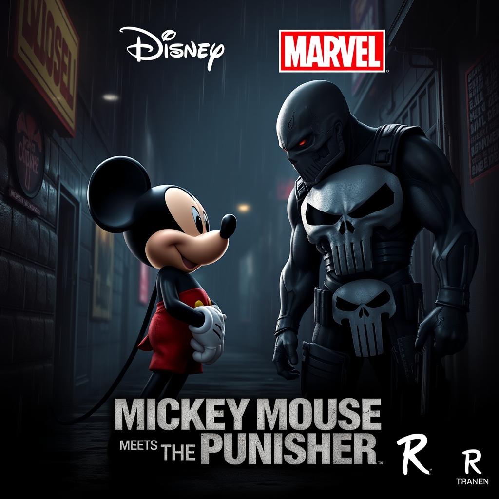 A dramatic and intense movie poster illustrating Mickey Mouse and The Punisher as adversaries about to clash