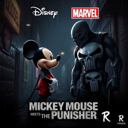 A dramatic and intense movie poster illustrating Mickey Mouse and The Punisher as adversaries about to clash