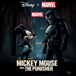 A dramatic and intense movie poster illustrating Mickey Mouse and The Punisher as adversaries about to clash