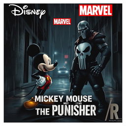 A dramatic and intense movie poster illustrating Mickey Mouse and The Punisher as adversaries about to clash