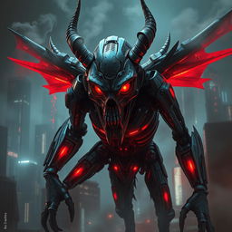 A fearsome cyborg-demon emerging from the shadows in a high-tech dystopian world