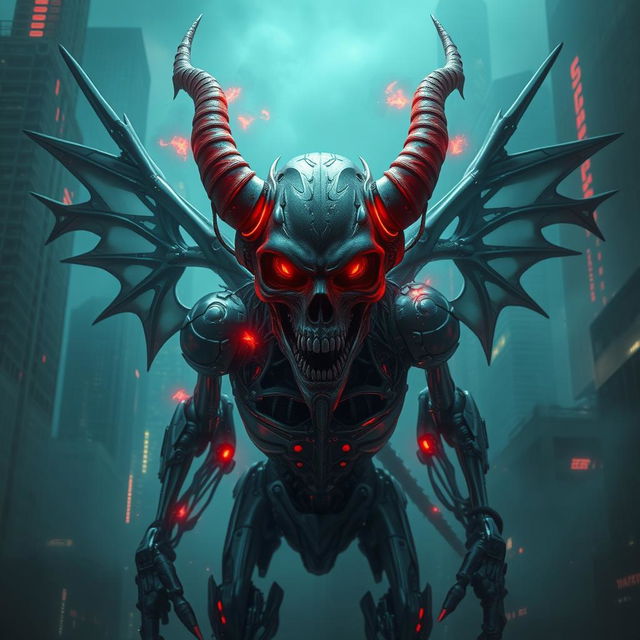 A fearsome cyborg-demon emerging from the shadows in a high-tech dystopian world