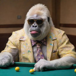 An albino gorilla, styled with a colorful button-up shirt open halfway, a cigar nonchalantly hanging from its mouth, and sporting yellow-tinted sunglasses, focusing on a game of pool.