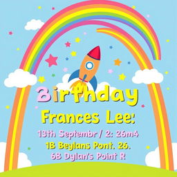 A colorful birthday invitation for Frances Lee's 2nd birthday party on 13th September from 2-6pm at 66B Dylan’s Point Rd, featuring a vibrant rainbow-themed rocket ship design