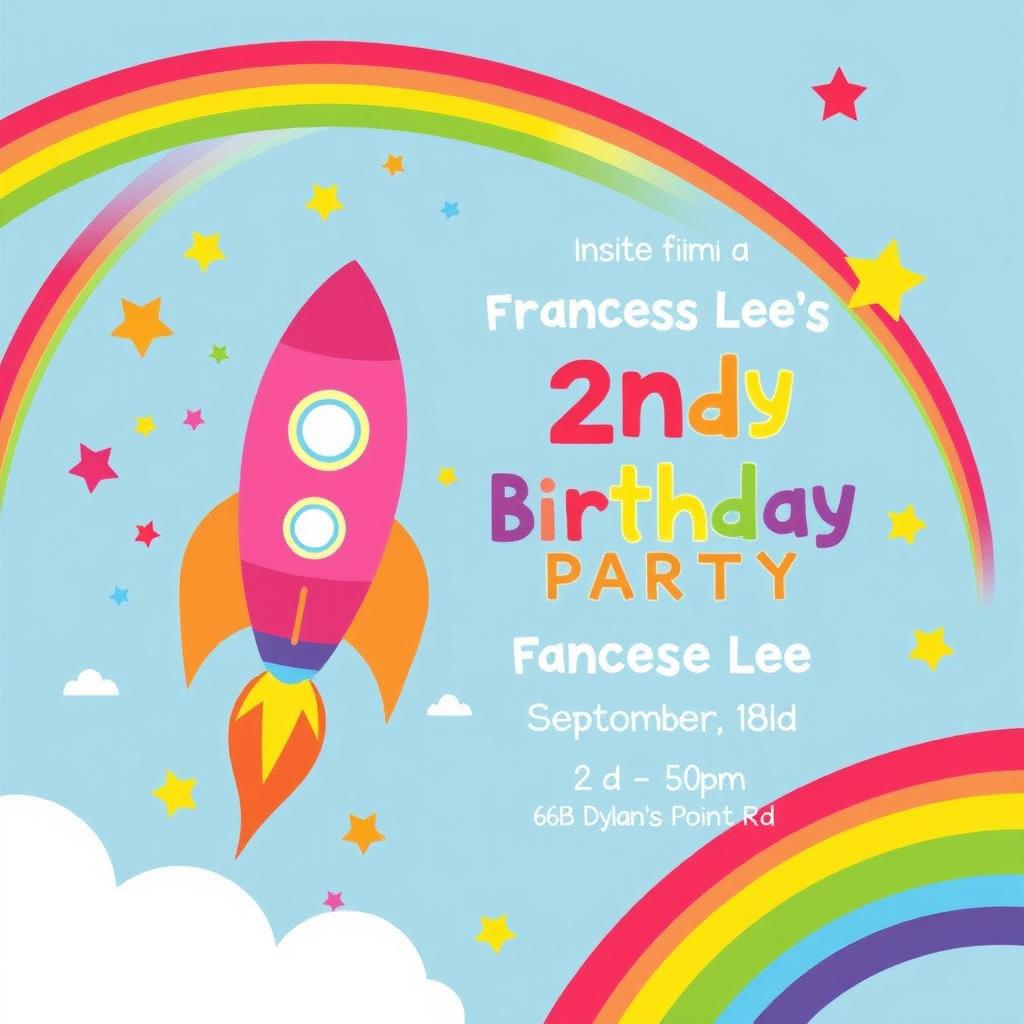 A colorful birthday invitation for Frances Lee's 2nd birthday party on 13th September from 2-6pm at 66B Dylan’s Point Rd, featuring a vibrant rainbow-themed rocket ship design