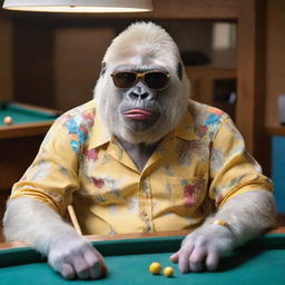 An albino gorilla, styled with a colorful button-up shirt open halfway, a cigar nonchalantly hanging from its mouth, and sporting yellow-tinted sunglasses, focusing on a game of pool.