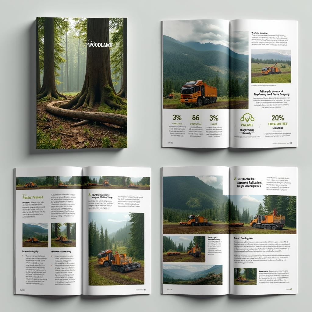 A corporate brochure for 'Woodland', a logging company, featuring scenic landscapes of lush forests, majestic old-growth trees, and modern logging equipment in action