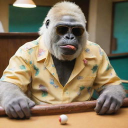 An albino gorilla, styled with a colorful button-up shirt open halfway, a cigar nonchalantly hanging from its mouth, and sporting yellow-tinted sunglasses, focusing on a game of pool.