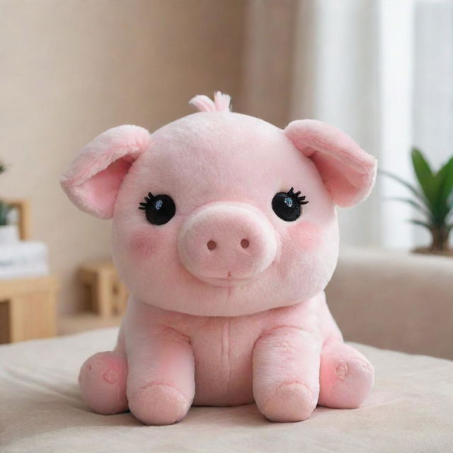 A cute tantalizing pig plushie with sparkling eyes and a soft, fluffy exterior, placed in a cozy room setting