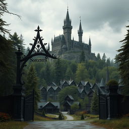 a secluded gothic village surrounded by towering trees deep in the forest, isolated from the rest of the world