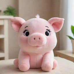 A cute tantalizing pig plushie with sparkling eyes and a soft, fluffy exterior, placed in a cozy room setting