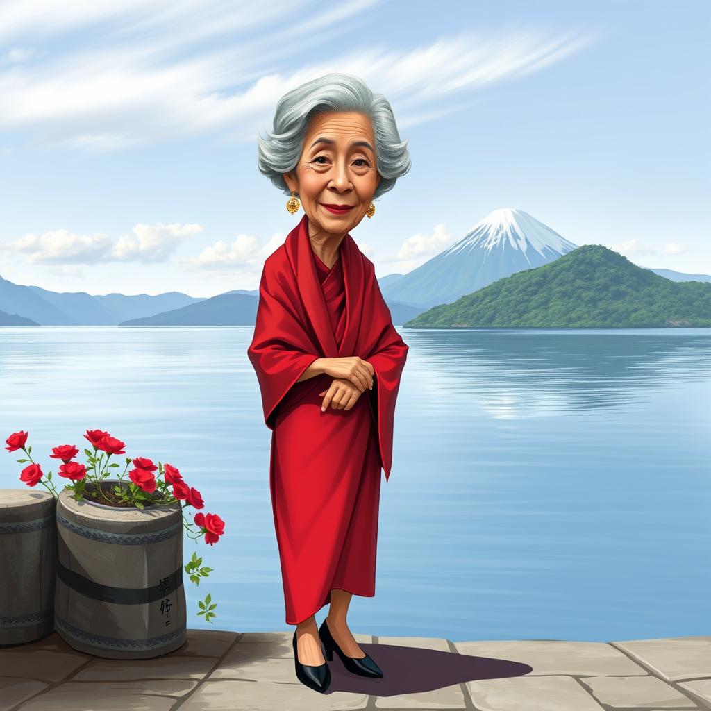 A caricature of a 60-year-old elegant grandmother standing by Lake Toba