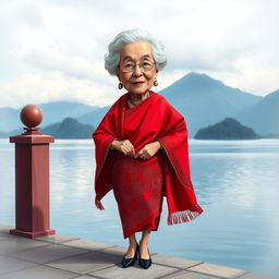 A caricature of a 60-year-old elegant grandmother standing by Lake Toba