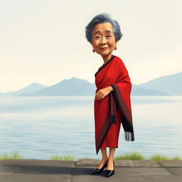 A caricature of a 60-year-old elegant grandmother standing by Lake Toba