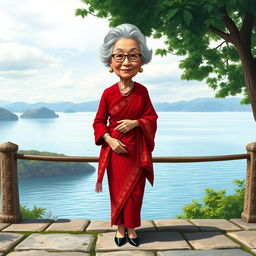 A caricature of a 60-year-old elegant grandmother standing by Lake Toba