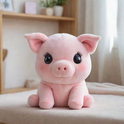 A cute tantalizing pig plushie with sparkling eyes and a soft, fluffy exterior, placed in a cozy room setting