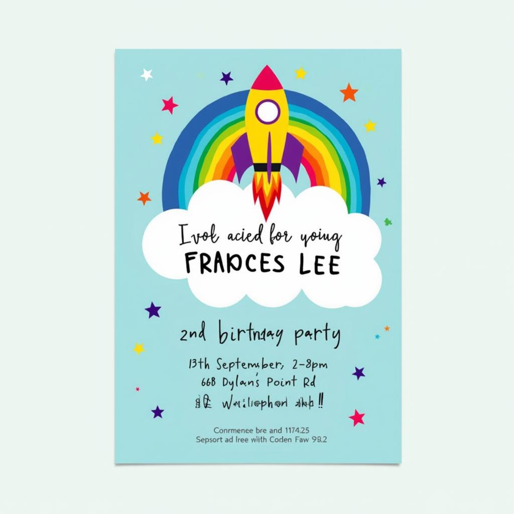 A vibrant invitation for Frances Lee's 2nd birthday party on 13th September from 2-6pm at 66B Dylan’s Point Rd