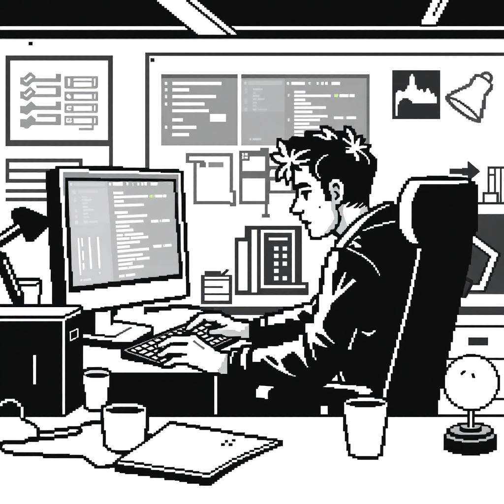 Create multiple pixel art illustrations of a person programming on a computer, using only a black and white color palette