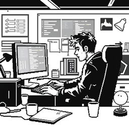 Create multiple pixel art illustrations of a person programming on a computer, using only a black and white color palette