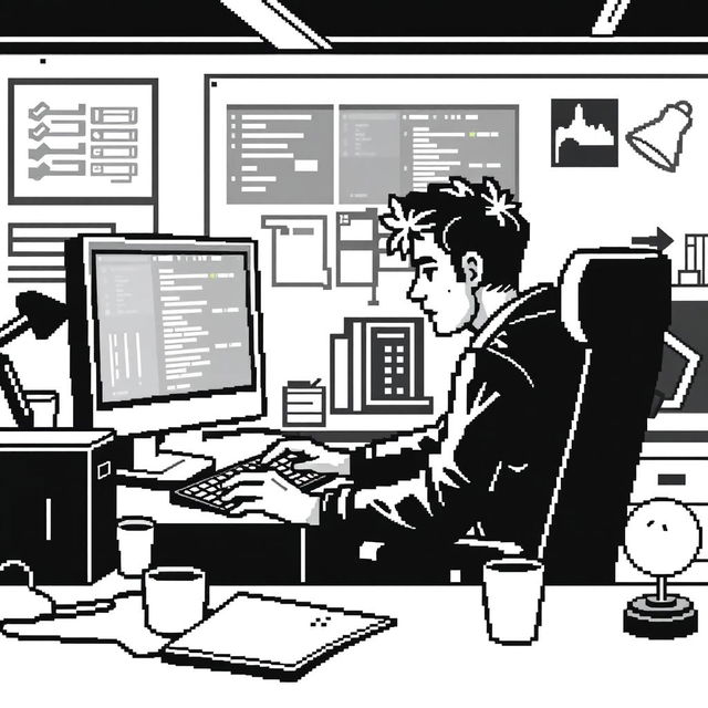 Create multiple pixel art illustrations of a person programming on a computer, using only a black and white color palette