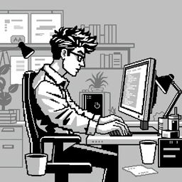 Create multiple pixel art illustrations of a person programming on a computer, using only a black and white color palette