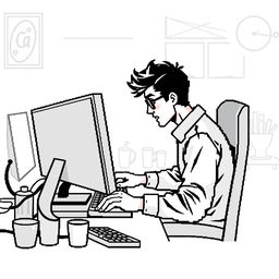 Create multiple pixel art illustrations of a person programming on a computer, using only a black and white color palette