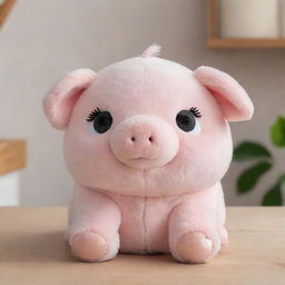 A cute tantalizing pig plushie with sparkling eyes and a soft, fluffy exterior, placed in a cozy room setting