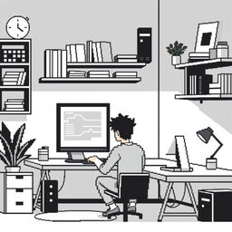 Create a pixel art illustration of a person programming on a computer, with a minimalist black and white setup surrounding them