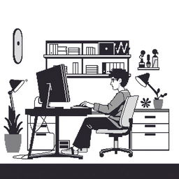 Create a pixel art illustration of a person programming on a computer, with a minimalist black and white setup surrounding them