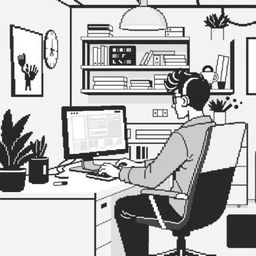 Create a pixel art illustration of a person programming on a computer, with a minimalist black and white setup surrounding them