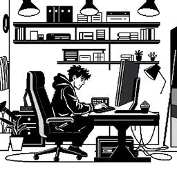 Create a pixel art illustration of a person programming on a computer, with a minimalist black and white setup surrounding them