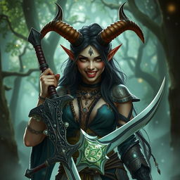 A captivating female druid Tiefling with striking vampire teeth, showcasing majestic long devil horns