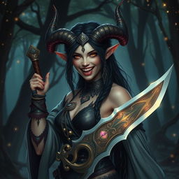 A captivating female druid Tiefling with striking vampire teeth, showcasing majestic long devil horns